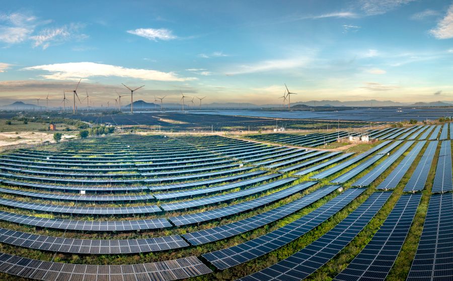 Solar farm and wind turbines